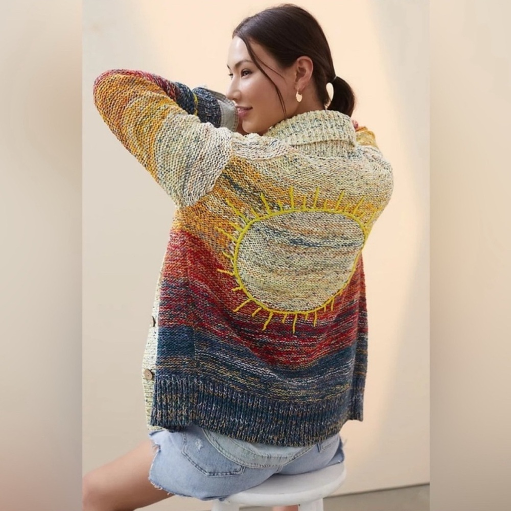 Anthropologie Colorful Knit Cardigan with Sun Design